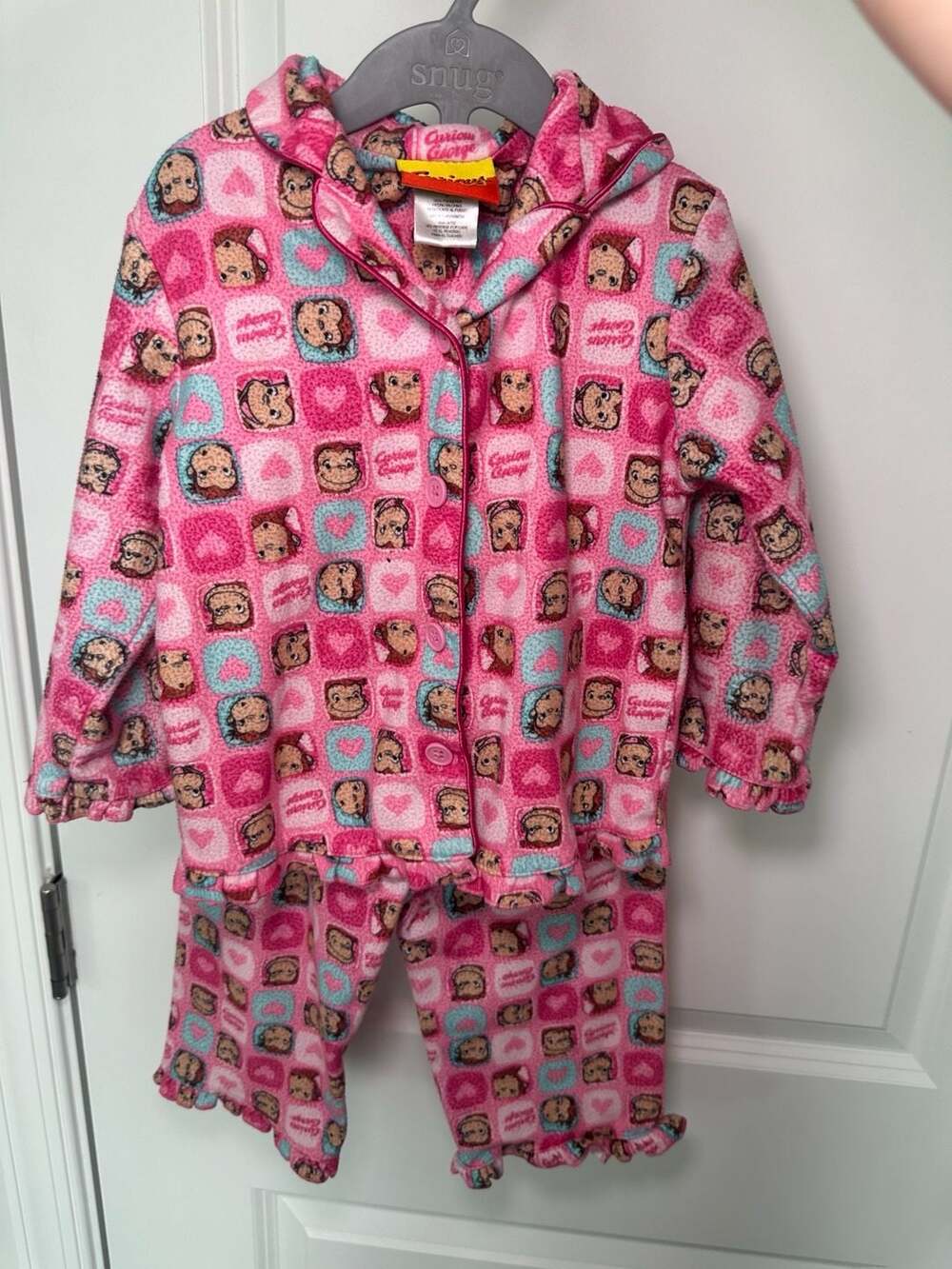 Vintage Curious George Toddler Girls Pink Fleece Button-Down Pajama Set
